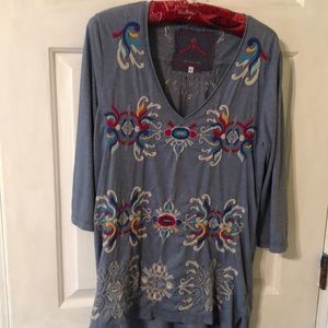Johnny Was blue 3/4-length sleeve w/embroidery L